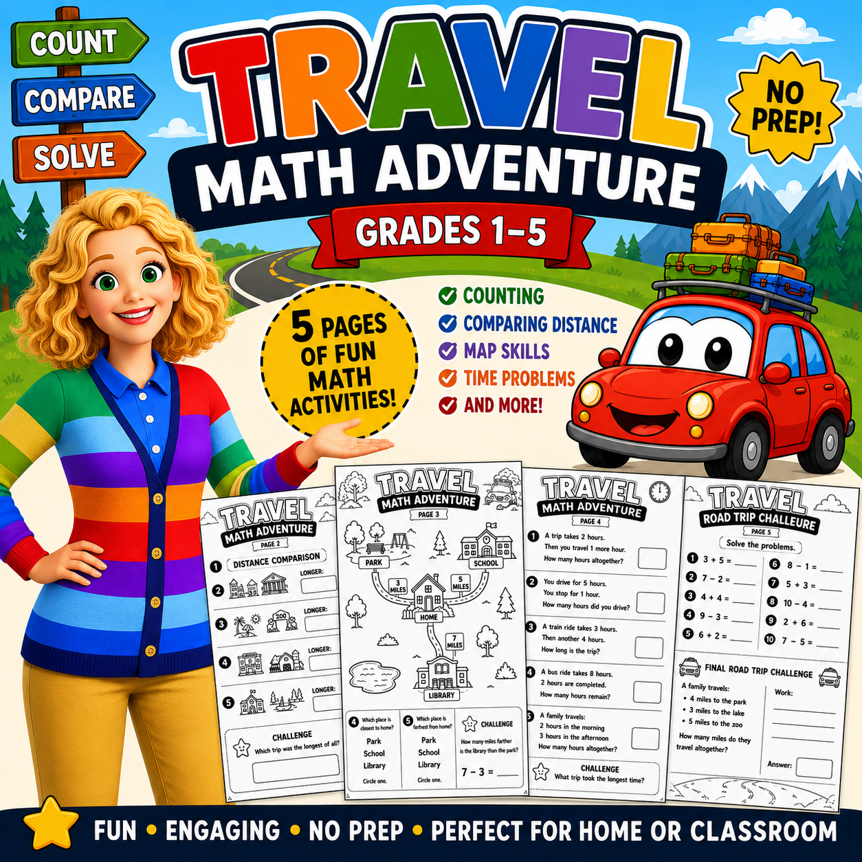 Free Travel Math Adventure Worksheets | Road Trip Math Activities for Kids