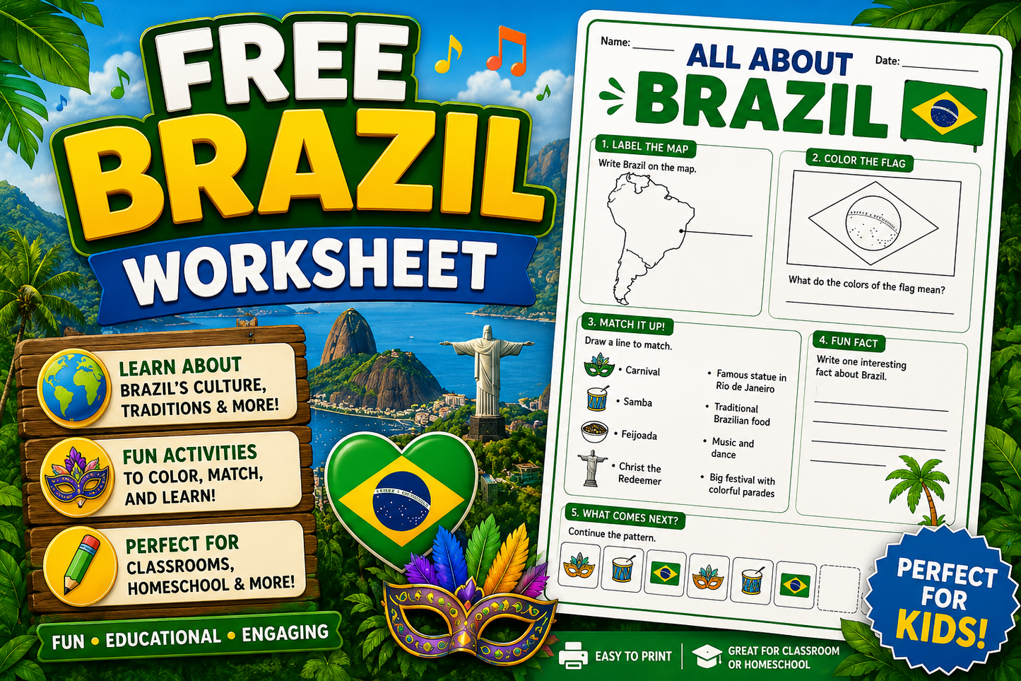 🇧🇷 Free Brazil Coloring Page & Mini Learning Sheet