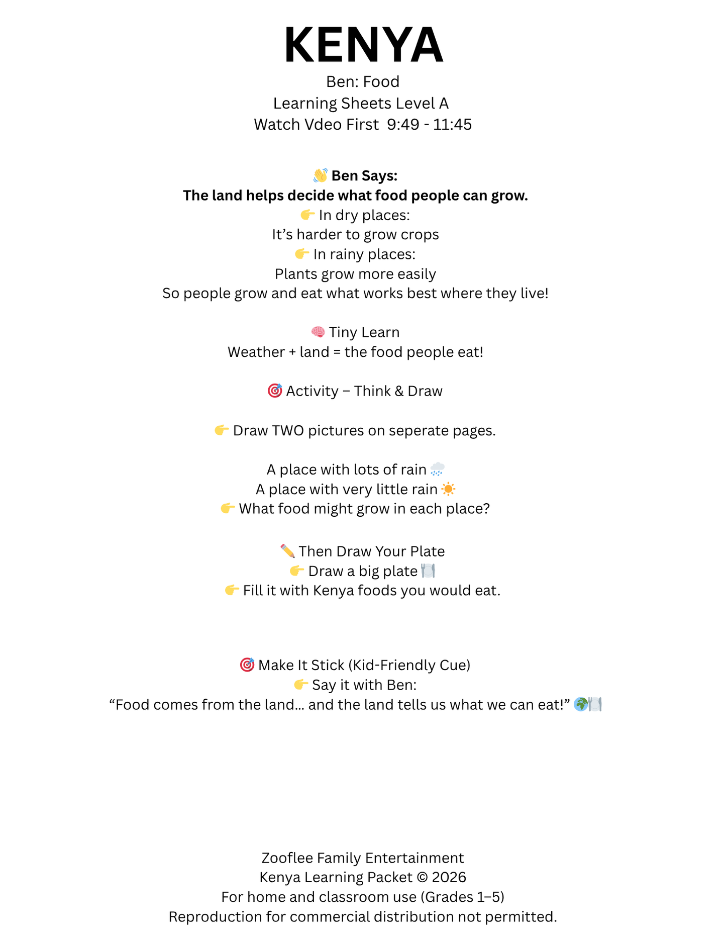 Kenya Country Study – Level A Stem Work Sheets Grades (1 -2 )