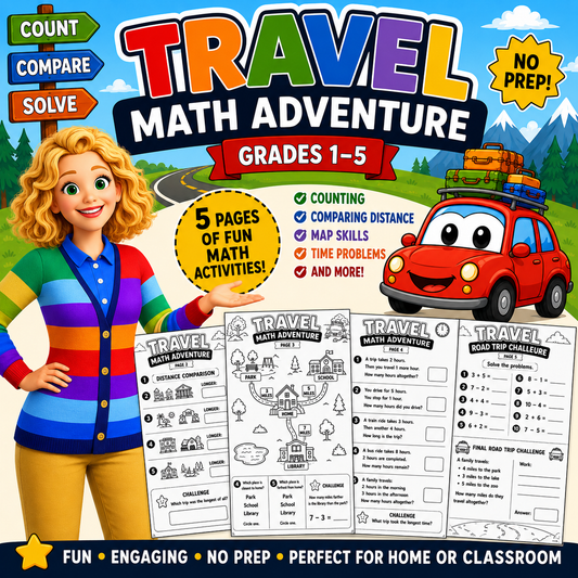 Free Travel Math Adventure Worksheets | Road Trip Math Activities for Kids