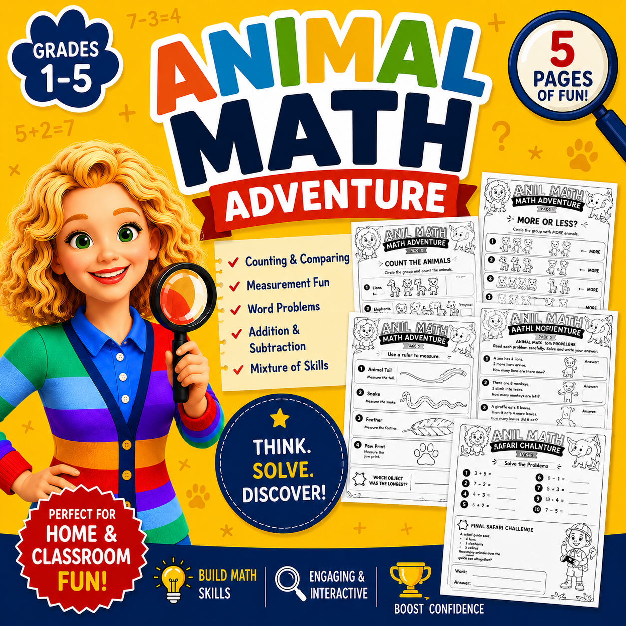 🦁🐘 Free Animal Math Adventure Worksheets | Printable Math Activities for Grades 1–5
