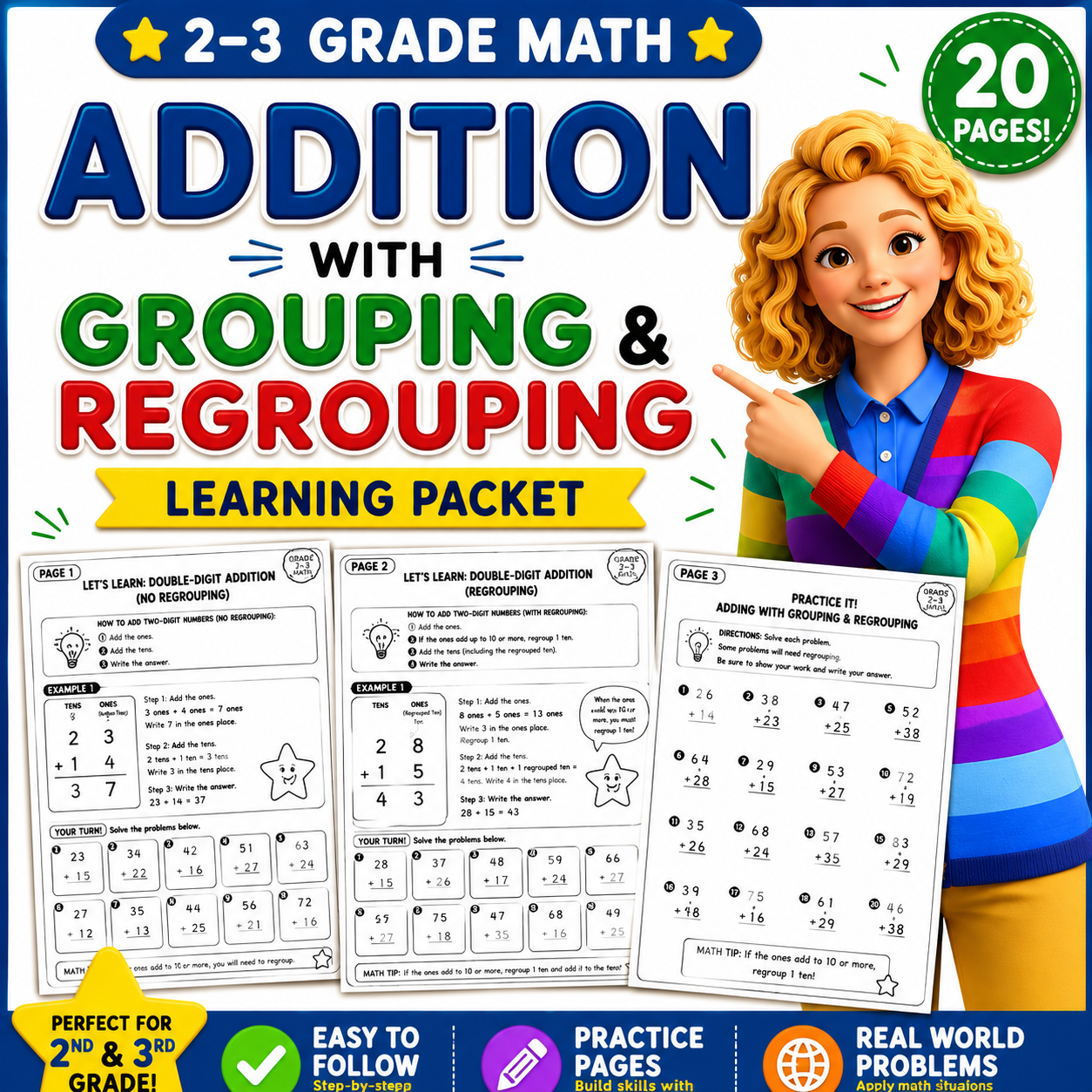 Double-Digit Addition Practice Worksheets | Grades 2–3 | Regrouping & No Regrouping