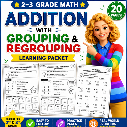 Double-Digit Addition Practice Worksheets | Grades 2–3 | Regrouping & No Regrouping