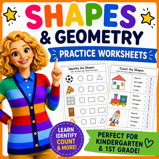 Shapes & Geometry Practice Worksheets Kindergarten–1st Grade | 5-Page Math Practket